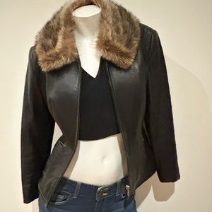 Black leather jacket with real fur collar